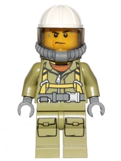 cty0682 Volcano Explorer - Male Worker, Suit with Harness, Construction Helmet, Breathing Neck Gear with Yellow Air Tanks, Trans-Brown Visor, Sweat Drops