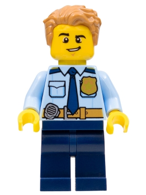cty1158 Police - City Officer Shirt with Dark Blue Tie and Gold Badge, Dark Tan Belt with Radio, Dark Blue Legs, Medium Nougat Tousled Hair