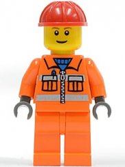 cty0031 Construction Worker - Orange Zipper, Safety Stripes, Orange Arms, Orange Legs, Red Construction Helmet, Brown Eyebrows, Thin Grin