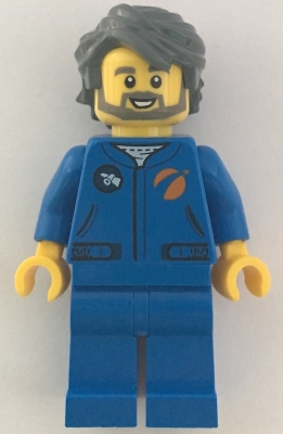 cty1068 Astronaut - Male, Blue Jumpsuit, Dark Bluish Gray Hair and Full Angular Beard, Open Mouth Smile