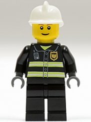 cty0023 Fire - Reflective Stripes, Black Legs, White Fire Helmet, Brown Eyebrows, Thin Grin