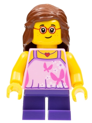 cty0767 Child - Girl, Bright Pink Top, Dark Purple Legs, Reddish Brown Hair, Glasses, Freckles