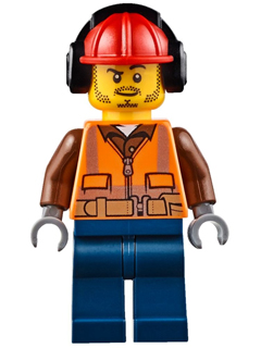 cty0653 Fire - Male, Orange Safety Vest, Reflective Stripes, Reddish Brown Shirt, Dark Blue Legs, Red Construction Helmet with Black Ear Protectors / Headphones, Stubble