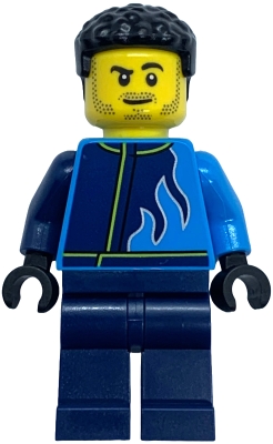cty1760 Monster Truck Driver - Male, Dark Azure and Dark Blue Racing Jacket with Flames, Dark Blue Legs, Black Hair