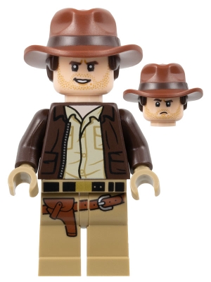 iaj049 Indiana Jones - Dark Brown Jacket, Reddish Brown Dual Molded Hat with Hair, Dark Tan Hands