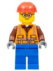 cty1162 Construction Worker - Male, Orange Safety Vest, Reflective Stripes, Reddish Brown Shirt, Blue Legs, Red Construction Helmet, Glasses