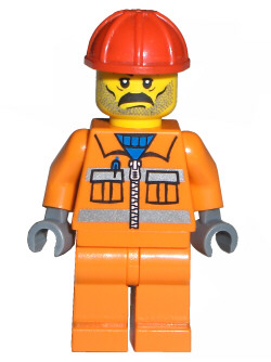 cty0010 Construction Worker - Orange Zipper, Safety Stripes, Orange Arms, Orange Legs, Red Construction Helmet, Moustache and Stubble