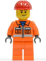 cty0113 Construction Worker - Orange Zipper, Safety Stripes, Orange Arms, Orange Legs, Red Construction Helmet, Smirk and Stubble Beard