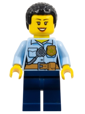 cty1381 Police - City Officer Female, Bright Light Blue Shirt with Badge and Radio, Dark Blue Legs, Short Black Curly Hair