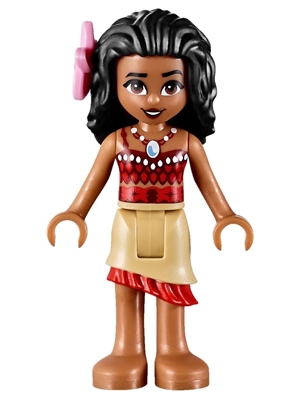 moa002 Moana - Mini Doll, Dark Red Top with Strap, Tan Layered Skirt with Red Ruffle, Bright Pink Flower