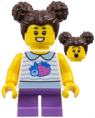 cty1797 Child - Girl, White Collared Shirt with Fruit, Medium Lavender Short Legs, Dark Brown Hair with Buns