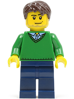 cty0261 Green V-Neck Sweater, Dark Blue Legs, Dark Brown Short Tousled Hair, Smirk and Stubble Beard