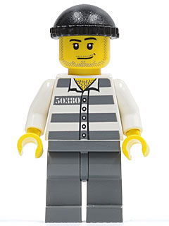 cty0200 Police - Jail Prisoner 50380 Prison Stripes, Dark Bluish Gray Legs, Black Knit Cap, Smirk and Stubble Beard