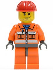 cty0397 Construction Worker - Orange Zipper, Safety Stripes, Orange Arms, Orange Legs, Dark Bluish Gray Hips, Red Construction Helmet, Smirk and Stubble Beard