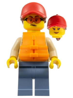 cty1793 Woman - Red Cap, Reddish Brown Ponytail, Orange Life Jacket, Sand Blue Legs