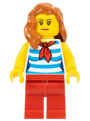 cty0768 Beachgoer - Female, Dark Azure and White Striped Shirt with Red Scarf, Red Legs, Dark Orange Hair