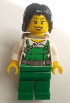 cty0755 Police - City Bandit Female with Green Overalls, Black Mid-Length Tousled Hair, Backpack, Peach Lips Open Mouth Smile