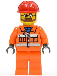 cty0032 Construction Worker - Orange Zipper, Safety Stripes, Orange Arms, Orange Legs, Red Construction Helmet, Beard and Glasses