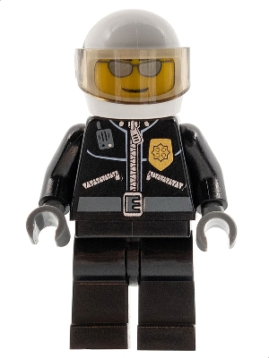 cty0027 Police - City Leather Jacket with Gold Badge, White Helmet, Trans-Brown Visor, Silver Sunglasses