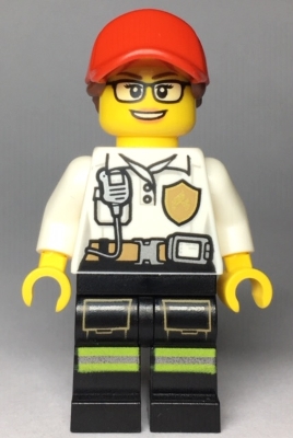 cty0970 Fire - Female White Shirt with Fire Logo Badge and Belt, Reflective Stripes on Black Legs, Red Cap with Ponytail