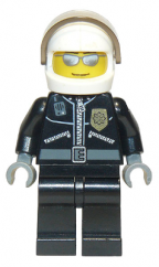 cty0027a Police - City Leather Jacket with Gold Badge and 'POLICE' on Back, White Helmet, Trans-Brown Visor, Silver Sunglasses