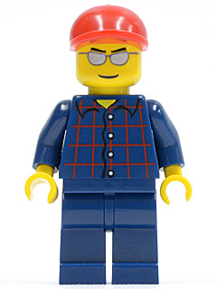 cty0163 Plaid Button Shirt, Dark Blue Legs, Red Short Bill Cap, Silver Sunglasses